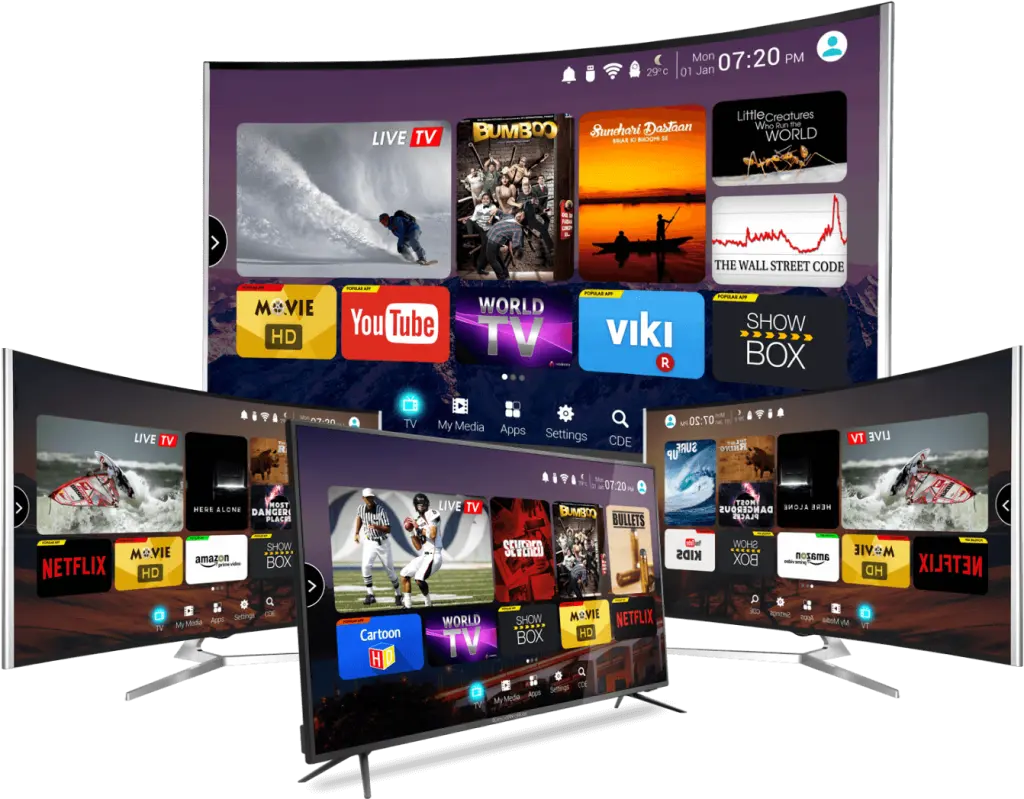 reliable iptv service provider dashboard showing 45,000 live channels across multiple Smart TV screens