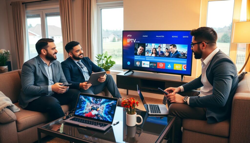 A cozy living room scene featuring a diverse group of three professionals, two men and one woman, sitting together on a comfortable sofa, engaged in a discussion about IPTV subscription services. They are dressed in smart casual attire. On a stylish coffee table in front of them, there are laptops and tablets displaying various IPTV subscription choices. Behind them, a large flat-screen TV shows a colorful, dynamic IPTV interface. The warm lighting creates an inviting atmosphere, while a window reveals a pleasant suburban view. The focus is on the interaction and decision-making process, with a subtle inclusion of the website logo "iptvservicemax.com" displayed on one of the devices. Shot from a slightly elevated angle to capture the ambiance and details effectively.