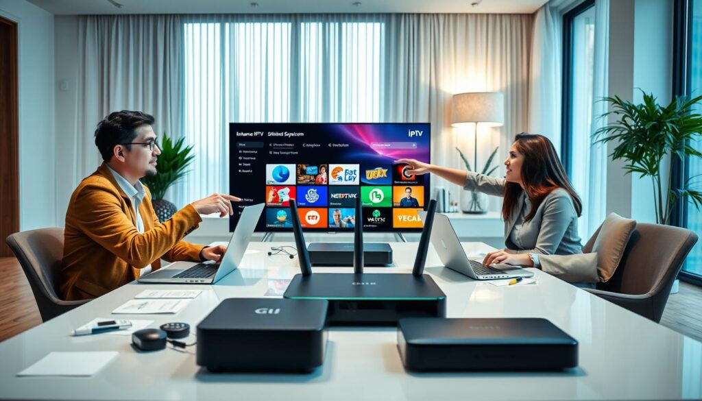 A modern home office scene featuring a diverse group of three professionals, one man and two women, engaging in a discussion about IPTV services. They are seated around a sleek table with laptops and notes scattered about, showcasing a digital interface on a large screen displaying various IPTV options. The foreground highlights the team members, dressed in smart casual attire, pointing at the screen with expressions of curiosity and determination. In the middle, the innovative technology setup includes a stylish router and streaming devices, symbolizing high-quality connections. The background features a well-lit room with soft, ambient lighting, promoting a focused yet casual atmosphere, and large windows allowing natural light to fill the space. The scene is centered around enhancing the ultimate streaming experience with the brand name "iptvservicemax.com" subtly integrated into the technology interfaces.