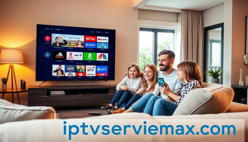 A modern living room scene featuring a comfortable sofa and a large flat-screen TV, displaying a high-quality streaming interface showcasing various IPTV channels. The foreground includes a remote control and a smartphone with a streaming app. In the middle, a family of four—parents in smart casual attire and children in comfortable clothing—are engaged, smiling, and watching the TV together, illustrating enjoyment and satisfaction with the service. The background has stylish decor with warm lighting, creating an inviting atmosphere. Natural light filters through a window, enhancing the ambiance. The overall mood is relaxed and cheerful, representing the concept of affordable IPTV providers delivering reliable performance. Include branding subtly in the scene with a logo or branding element highlighting "iptvservicemax.com".