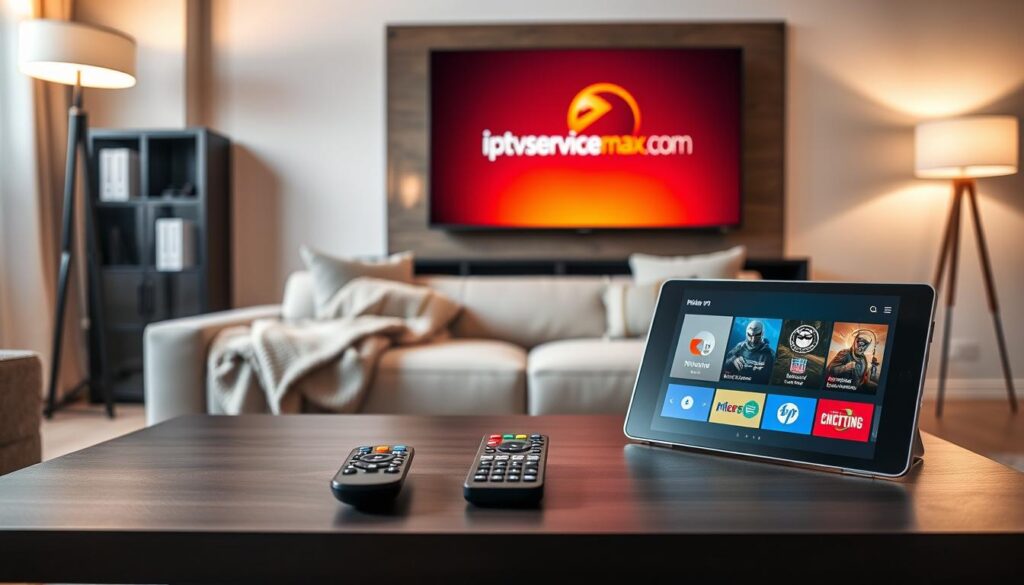 A modern living room setting, designed to convey comfort and technology, serves as the foreground. A sleek coffee table displays a colorful IPTV remote and a tablet showing an IPTV guide interface featuring various channels. In the middle ground, a stylish couch is accompanied by a cozy throw blanket and pillows, inviting viewers in. In the background, a large flat-screen TV is mounted on a wall, displaying an appealing IPTV service logo, including "iptvservicemax.com". Ambient lighting creates a warm atmosphere, with soft lamp light casting gentle shadows, enhancing the inviting feel. The scene is captured from a slightly elevated angle, providing a comprehensive view of the IPTV setup, evoking curiosity and excitement for starting the IPTV journey.
