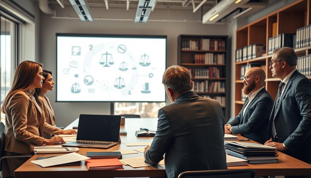 A professional office setting depicting the concept of "Legal Considerations for IPTV Services." In the foreground, a diverse group of business professionals, including a woman in a smart blazer and a man in a tailored suit, are engaged in a discussion around a large conference table cluttered with legal documents and a laptop displaying IPTV-related content. The middle ground shows a large digital screen displaying abstract legal symbols and streaming icons. In the background, shelves filled with law books and a window revealing a city skyline in soft daylight. The overall atmosphere is one of focused collaboration and seriousness, illuminated by warm overhead lighting that enhances clarity. The brand name "iptvservicemax.com" subtly appears on the laptop screen.