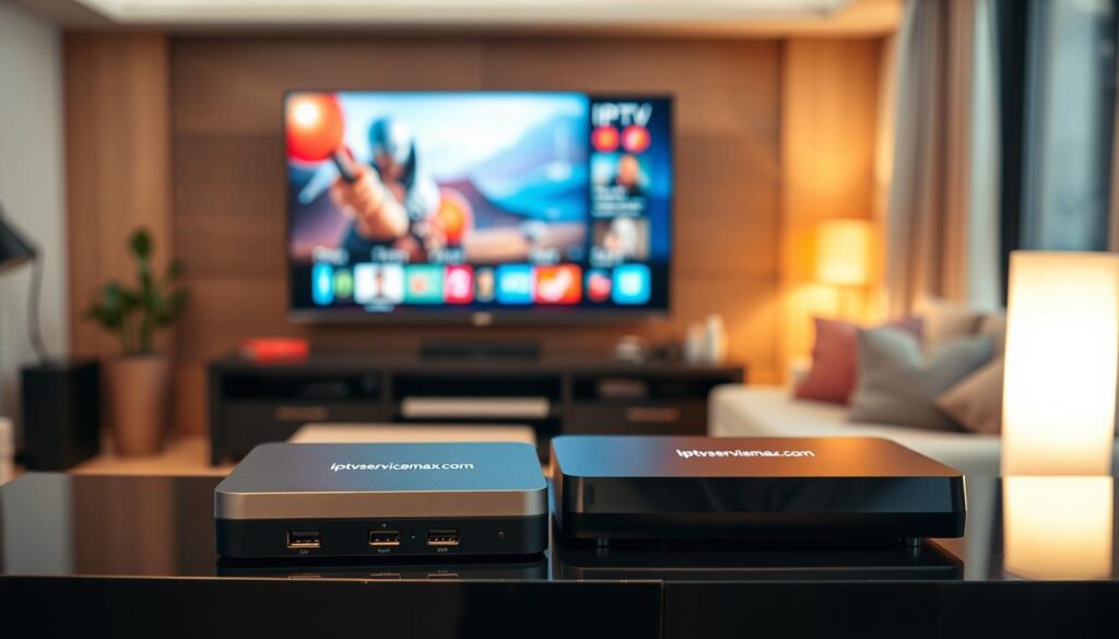 A sleek, modern living room showcasing a variety of IPTV devices elegantly arranged on a stylish media console. Foreground features a close-up of a streaming device, highlighting its ports and sleek design. In the middle, a smart TV displays vibrant streaming content, with a clear view of device connectivity options like HDMI and Ethernet cables. The background is softly blurred, showing cozy furniture and ambient lighting that creates a welcoming atmosphere. The scene is illuminated by warm, inviting light from a nearby lamp, casting a subtle glow. The mood is contemporary and tech-savvy, representing the ideal space for streaming. Brand logo "iptvservicemax.com" is incorporated into the design of the streaming device.