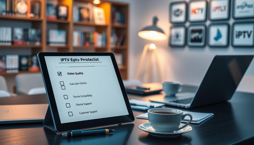 A visually engaging workspace illustrating the "Key Criteria to Evaluate IPTV Providers." In the foreground, a modern digital tablet displays a checklist with key evaluation criteria like "Video Quality," "Subscription Options," "Device Compatibility," and "Customer Support." Surrounding the tablet, items such as a sleek laptop, a notepad with a pen, and a cup of coffee add a professional touch. In the middle ground, a softly lit desk with an elegant desk lamp casts a warm glow, enhancing the inviting atmosphere. The background features a blurred view of a contemporary office with shelves of tech books and a wall with framed IPTV provider logos, including "iptvservicemax.com." The overall mood is focused and analytical, encouraging thoughtful evaluation.
