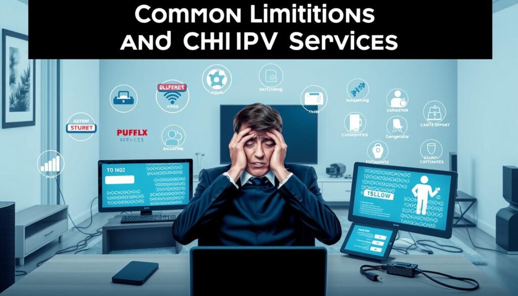 A visually striking illustration showcasing "Common Limitations and Challenges in IPTV Services". In the foreground, depict a frustrated user in smart business attire, sitting at a desk with multiple devices (smart TV, computer, tablet) displaying buffering icons and pixelated screens. In the middle ground, include representations of common challenges such as slow internet connection, security concerns, and customer support issues, visually symbolized through icons or infographics. The background features a modern living room setting, with a wall mounted TV and cables sprawled out, indicating a complex setup. Utilize soft, natural lighting with a slight blue hue for a professional atmosphere, shot from a slightly angled perspective to emphasize the user's frustration. The brand name "iptvservicemax.com" is subtly integrated into a device screen in the image.