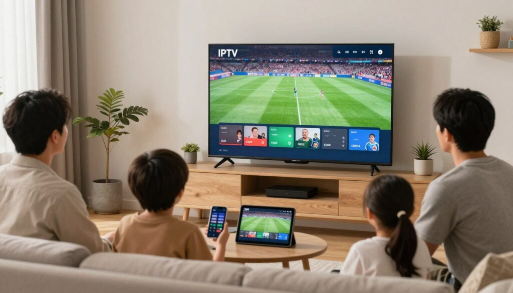family enjoying iptv service on large screen tv showing live sports with multiple viewing options