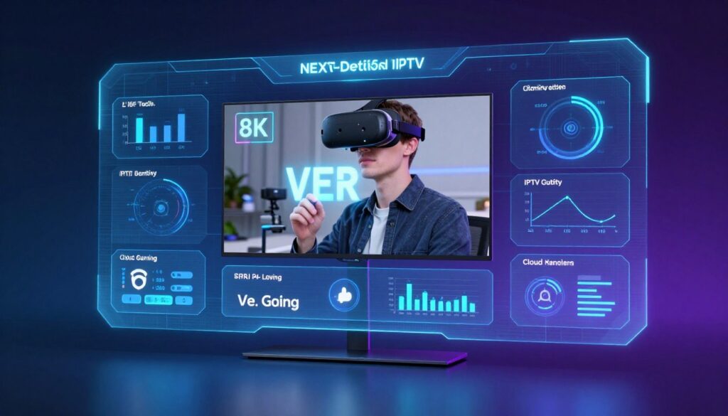 futuristic iptv interface showing ai recommendations, 8k streaming, and virtual reality integration