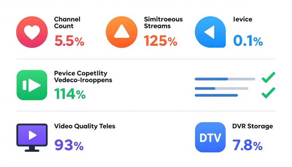 iptv service features comparison showing channel count, device support, and streaming quality options
