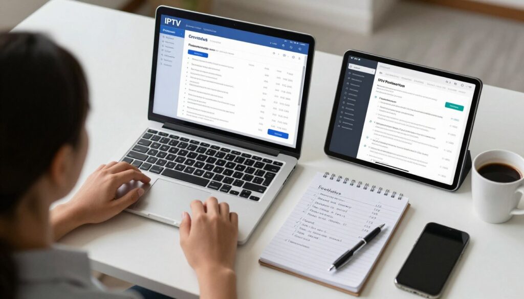 person comparing different iptv service providers on laptop with checklist and notes