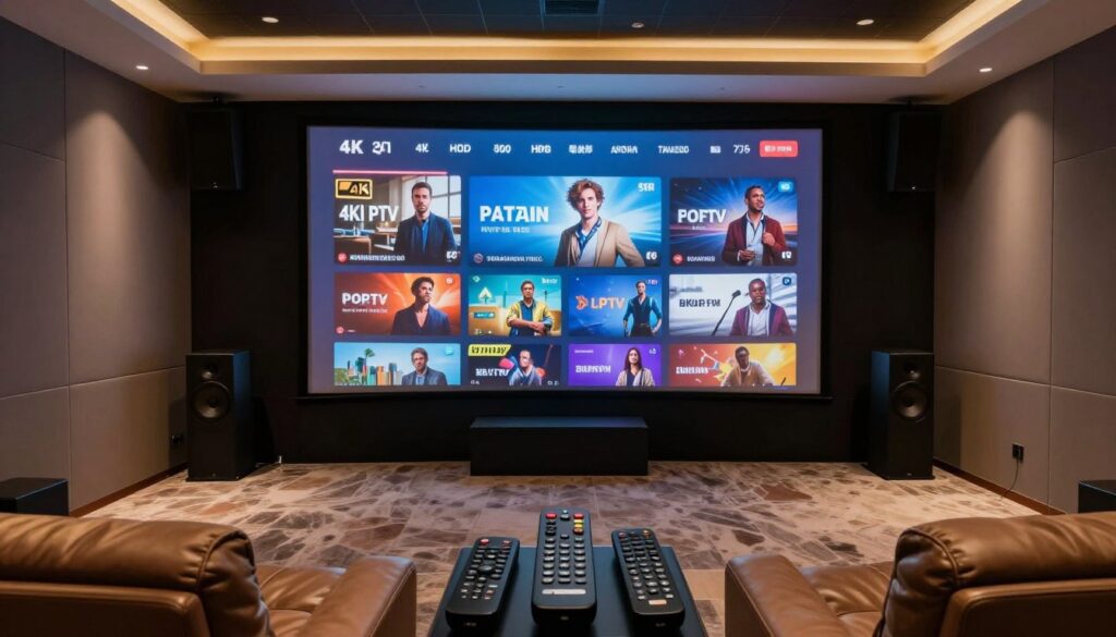 premium home theater setup with iptv service displaying 4k content and surround sound system