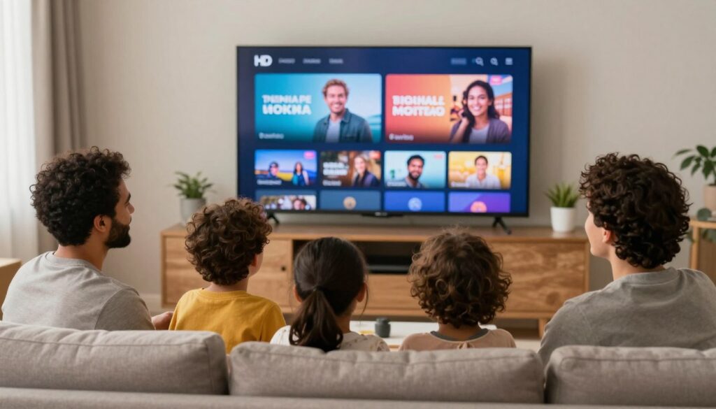 satisfied viewer enjoying iptv service on couch with family watching high-quality content