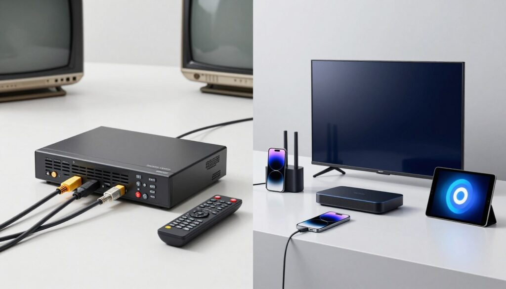 side-by-side comparison of traditional cable equipment and modern iptv streaming devices