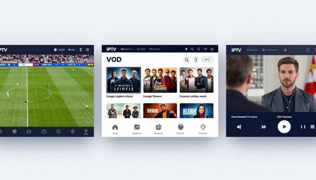split screen showing different iptv service types - live sports, vod movies, and time-shifted content