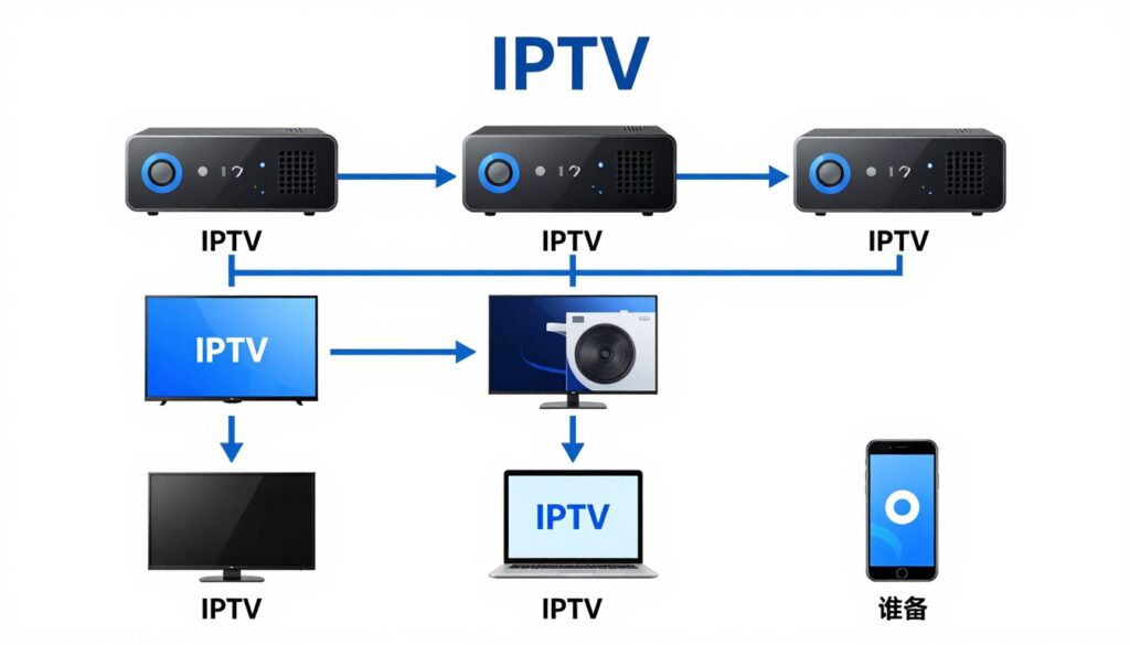 technical diagram showing iptv service architecture with content servers streaming to multiple devices