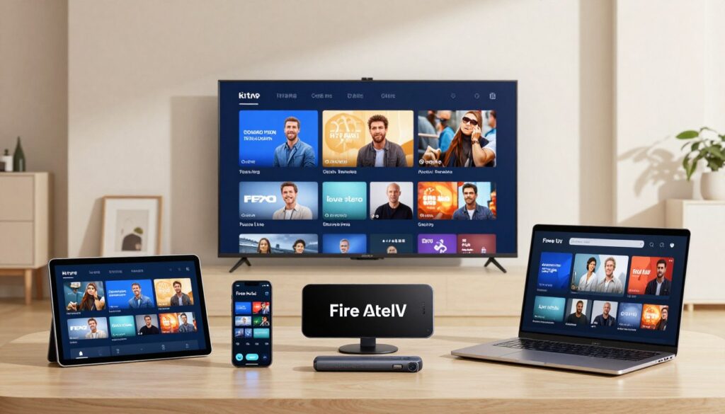 various devices displaying IPTV service including smart TV, tablet, phone, and streaming box