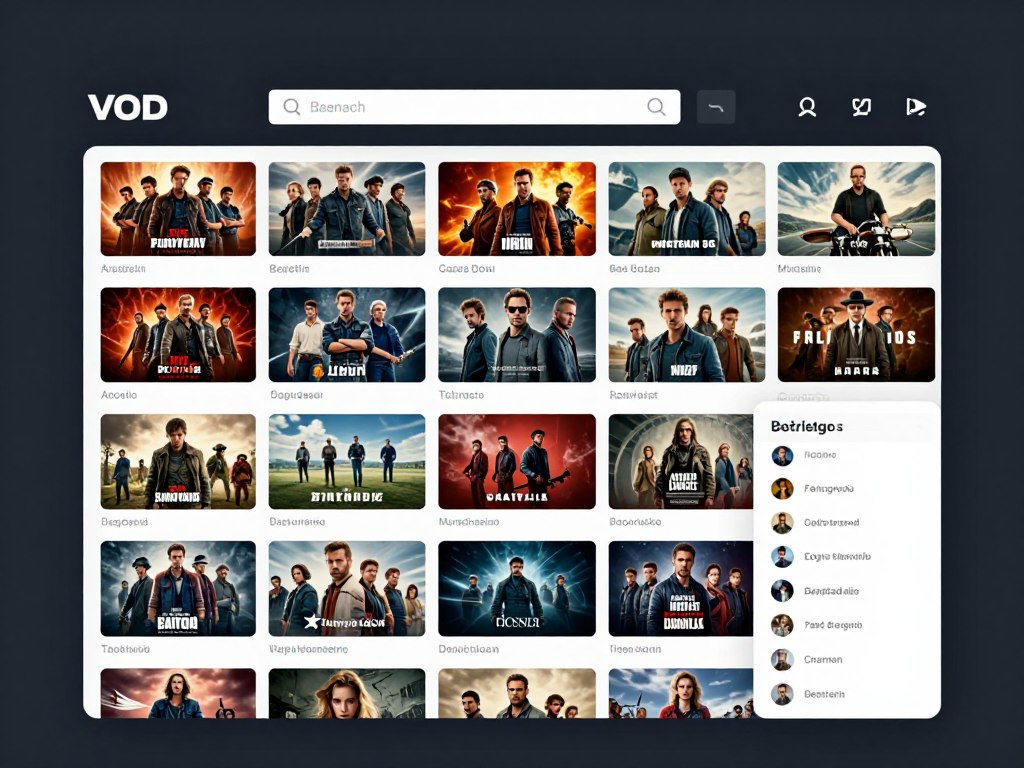 video on demand library interface showing movie and series catalog