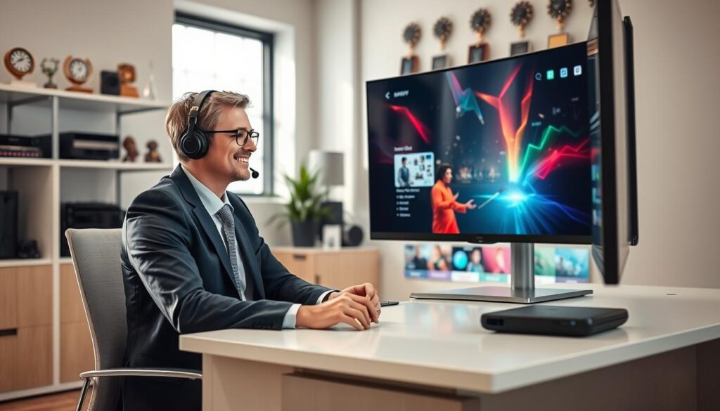 A bright, modern office setting showcases a professional customer support representative engaging with a high-tech 8K IPTV setup. In the foreground, a friendly agent in smart business attire is seated at a sleek desk, wearing headphones and attentively assisting a customer via a digital interface on a large monitor displaying vibrant IPTV content. The background features shelves filled with tech gadgets and awards, reflecting efficiency and innovation in customer service. Soft, natural lighting filters through a nearby window, creating a welcoming and focused atmosphere. The image conveys reliability and professionalism, emphasizing the importance of customer support in enhancing the streaming experience with iptvservicemax.com. The angle of view is slightly elevated, capturing both the agent and the immersive TV content in an engaging composition.