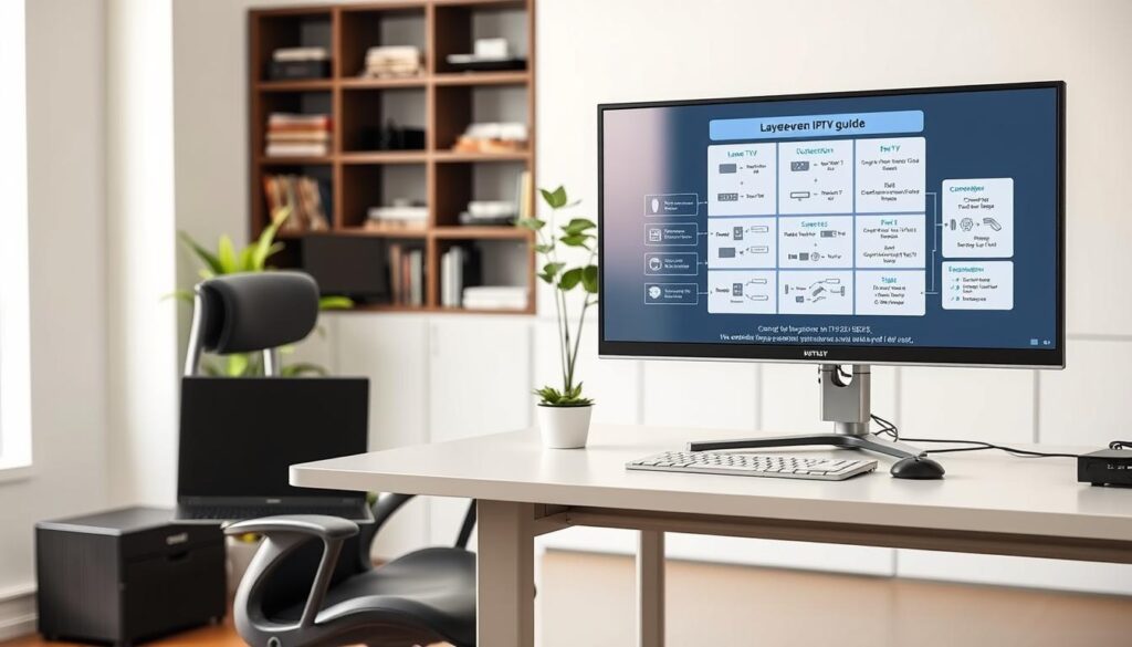 A clean and modern home office scene showcasing a detailed IPTV setup guide for Layereven IPTV. In the foreground, a sleek computer desk displays a high-resolution monitor showing a step-by-step guide layout, with various connection diagrams and settings. A laptop is open beside it, illustrating compatibility with smart TVs. In the middle ground, a plush ergonomic chair is positioned comfortably, and a potted plant adds a touch of greenery. The background features a brightly lit room with neutral wall colors and shelves lined with technology books and devices. The lighting is bright and even, simulating a professional atmosphere. Capture the essence of tech-savvy organization and clarity. "iptvservicemax.com" should be subtly represented in the visual design, blending seamlessly into the overall aesthetic.