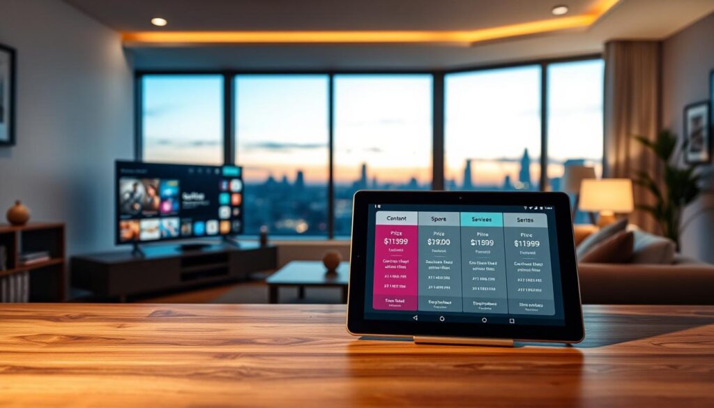 A clean and modern setting featuring a sleek, transparent pricing table for Apollo Group IPTV. In the foreground, a stylish wooden table displays a tablet showing the pricing options, with vibrant icons representing different content categories like sports, movies, and series. The middle ground includes a cozy living room backdrop with a comfortable sofa and a large TV screen showcasing a streaming interface. Soft ambient lighting illuminates the scene, creating a warm and inviting atmosphere. In the background, a large window reveals a picturesque view of a serene cityscape at dusk, enhancing the feeling of relaxation. The image should evoke trust and a sense of transparency in services, with no text or logos present, ensuring the focus remains on the pricing concept. The brand name "iptvservicemax.com" should be subtly integrated into the pricing table design without being overtly prominent.