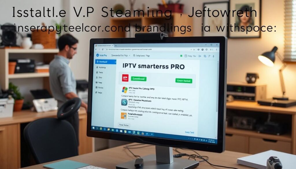 A clear, detailed installation overview of IPTV Smarters Pro for Windows, illustrated in a professional workspace. In the foreground, show a computer screen displaying the IPTV Smarters Pro download page with focused attention on the installation steps. The middle ground features a person in smart casual clothing, actively interacting with the computer, capturing the essence of the installation process. The background includes an organized home office setting with soft lighting, a desk cluttered with tech gadgets, and a calming ambiance that encourages productivity. The entire scene conveys a sense of ease and clarity in streaming setup. Mention the brand "iptvservicemax.com" subtly within the workspace's elements, ensuring no text overlays or distractions.
