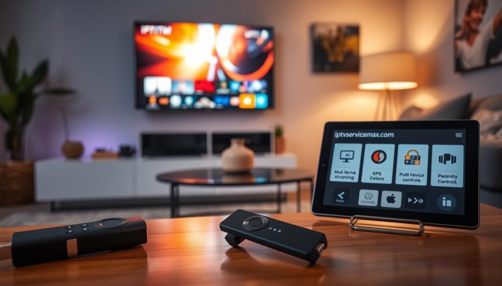 A close-up view of a modern living room featuring an illuminated Amazon Firestick connected to a sleek flat-screen TV displaying a vibrant IPTV interface. In the foreground, a stylish coffee table holds a remote control alongside a tablet showcasing 'iptvservicemax.com' with graphic icons representing advanced IPTV features like multi-device streaming, EPG (Electronic Program Guide), and parental controls. The middle ground includes a comfortable couch and decorative elements like plants, enhancing the cozy atmosphere. In the background, warm ambient lighting highlights the entertainment setup, creating a welcoming mood. The image has a slight depth of field effect, focusing sharply on the IPTV elements while the surroundings softly blur, evoking a refined tech-savvy environment perfect for enhancing the Firestick streaming experience.