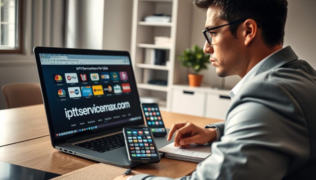 A close-up view of a professional-looking individual seated at a sleek desk, engaged in a focused search for the best IPTV provider for USA users. The foreground features a laptop displaying the website "iptvservicemax.com", surrounded by colorful channel logos. The middle section includes a smartphone displaying various IPTV app icons, alongside a notepad filled with notes. In the background, a well-organized bookshelf with tech-related books and a subtle indoor plant adds warmth. Soft, natural lighting filters through a nearby window, creating a serene yet determined atmosphere. The angle captures both the person and the tech setup, emphasizing a modern and efficient workspace. The professional is dressed in business attire, embodying a sense of purpose and concentration.