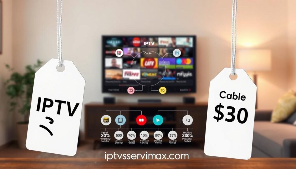 A comparative illustration highlighting the cost differences between IPTV and traditional cable services. In the foreground, two distinct price tags: one labeled "IPTV" with a modern, sleek design and the other labeled "Cable" with a classic look. The middle ground showcases an infographic-style diagram, featuring icons representing monthly costs, features, and user satisfaction rates. In the background, a blurred image of a living room with a flat-screen TV displaying various streaming options, creating an inviting atmosphere. Soft, warm lighting enhances the feeling of comfort and accessibility. The scene should exude a sense of clear comparison and professionalism. The brand "iptvservicemax.com" subtly integrated into the design, without any text or captions.