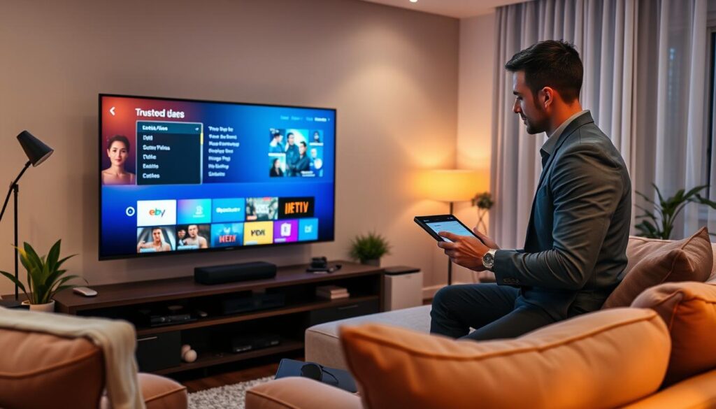 A cozy home entertainment setup showcasing a modern living room dedicated to IPTV service optimization. In the foreground, a sleek, high-resolution television displays the menu of a streaming service from iptvservicemax.com, with vibrant colors and crisp images. A trusted professional, dressed in smart casual attire, is adjusting settings on a tablet, focused and engaged in the process. In the background, soft ambient lighting casts a warm glow over plush furniture, creating an inviting atmosphere. A stylish sound system is visible, complemented by neatly arranged cables, while houseplants and decorative elements add a personal touch. The scene captures a sense of excitement and anticipation for the best viewing experience, with a focus on technology and comfortable surroundings.
