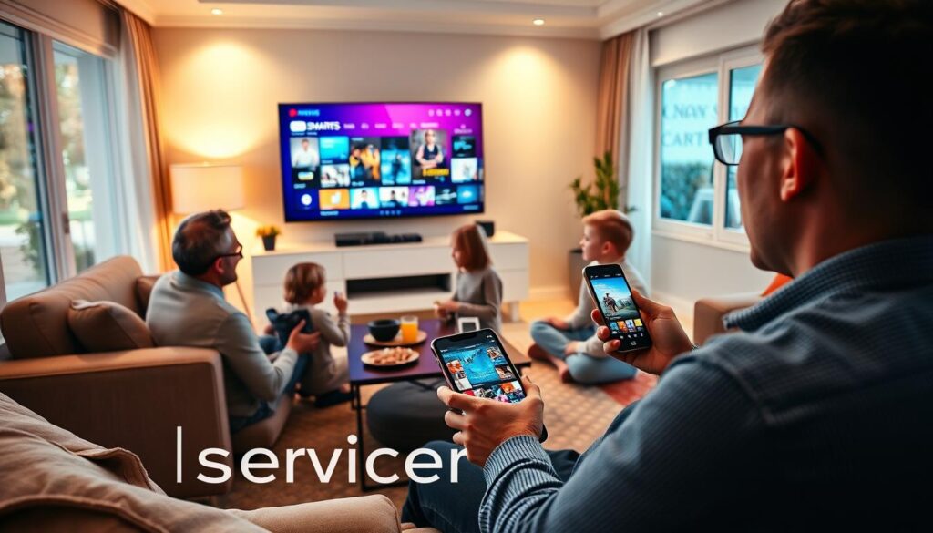 A cozy living room scene featuring a family enjoying IPTV Smarters Pro on multiple devices. In the foreground, a father watches a large smart TV displaying a colorful streaming interface while sitting on a comfortable couch. In the middle ground, a daughter is engrossed in a tablet, and a son is using a smartphone, both showing different content from IPTV Smarters Pro. The background features a well-decorated living room with soft, warm lighting, creating an inviting atmosphere. Include a stylish coffee table with snacks and drinks, and a window with a pleasant view. Use a wide-angle perspective to capture the dynamic interaction among family members while portraying the flexibility and convenience of IPTV across devices. The brand name "iptvservicemax.com" should be subtly integrated into the room decor without being too prominent.