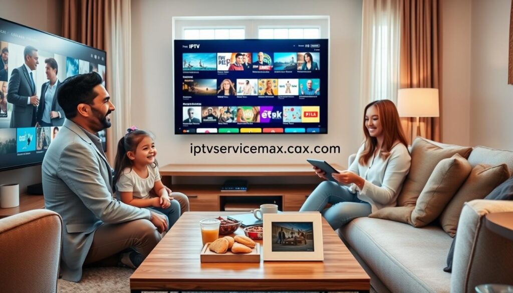 A cozy living room scene featuring a family enjoying IPTV on a large flat-screen TV, showcasing various streaming options on the screen. In the foreground, a father and daughter are laughing while selecting a movie, both dressed in smart casual attire. The mother sits nearby, browsing on a tablet with a smile, reflecting the ease of accessing content. In the middle, a stylish coffee table holds snacks and a remote control, symbolizing comfort and relaxation. The background displays a window with natural light streaming in, creating a warm atmosphere. Accent colors are soft and inviting, enhancing the sense of joy and connectivity. Incorporate the text "iptvservicemax.com" subtly in the decor, like on a small digital frame. Aim for a bright, cheerful mood, capturing the advantages of switching to IPTV over traditional cable.