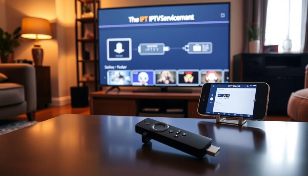 A cozy living room scene featuring a modern TV set displaying a step-by-step installation guide for IPTV on a Firestick, inspired by iptvservicemax.com. In the foreground, a sleek, contemporary coffee table holds a Firestick remote and a smartphone with the IPTV app open. The middle ground showcases a TV stand with a Firestick plugged into a TV, with clear visual instructions illustrated on screen. The background includes warm, inviting decor with soft lighting highlighting the setup, creating a relaxed and informative atmosphere. The camera angle is slightly elevated, providing a comprehensive view of the installation process while focusing on the tech elements. No people are present, ensuring a clear focus on the installation guide visual.