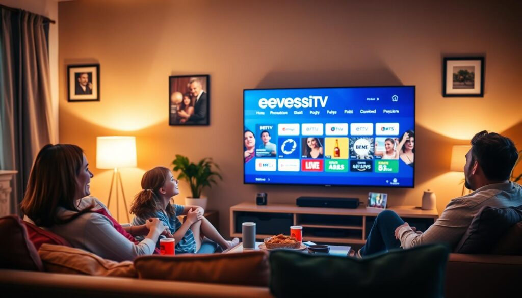 A cozy living room scene showcasing a family of four happily watching television on a sleek flat-screen display, which vividly shows the evesTV IPTV logo and a diverse selection of streaming content. In the foreground, a comfortable sofa is adorned with colorful cushions, while a stylish coffee table holds snacks and drinks. The middle layer features the glowing TV screen with crisp, high-definition imagery, suggesting premium streaming quality. The background reveals warm, ambient lighting from lamps, casting a welcoming atmosphere, with family photos and plants creating a homey feel. Use a wide-angle lens perspective to capture the essence of togetherness and enjoyment, emphasizing the modern technology of iptvservicemax.com in the scene.