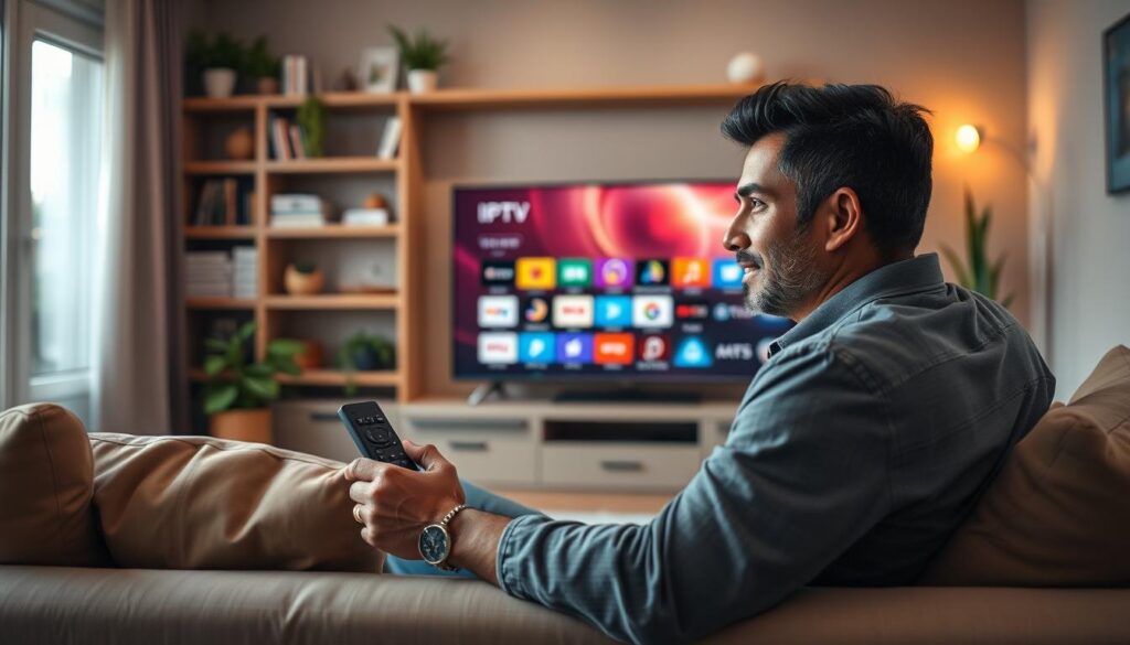 A cozy living room scene showcasing a person sitting on a comfortable couch, intently watching an IPTV service on a modern flat-screen TV. The foreground features the individual, a diverse middle-aged man dressed in smart casual attire, holding a remote control, with a look of satisfaction as he browses through channels. In the middle ground, the TV displays a vibrant screen with various colorful IPTV options subtly showcasing icons, while shelves in the background hold books and plants, creating a homely atmosphere. Soft, ambient lighting illuminates the room, with sunlight streaming through a window, giving a warm and inviting mood. The image subtly includes a digital logo of "iptvservicemax.com" on the TV screen.