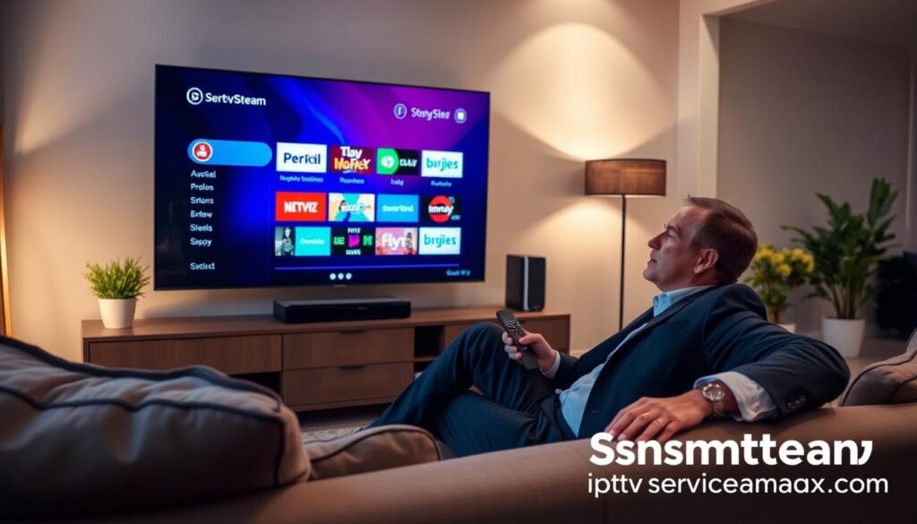 A cozy living room scene showcasing a user experience with the SmartStream IPTV Player. In the foreground, a person dressed in professional business attire leans comfortably on a stylish couch, holding a remote control with an engaged expression, surrounded by a modern decor. The middle layer features a large flat-screen TV displaying a colorful and vibrant streaming interface with various channel options, emphasizing user-friendly navigation. In the background, soft ambient lighting creates a warm and inviting atmosphere, with soft shadows and a hint of greenery from potted plants. The overall mood is one of relaxation and enjoyment, highlighting the seamless streaming experience of the SmartStream IPTV Player, with subtle branding of "iptvservicemax.com" visible on the TV screen.