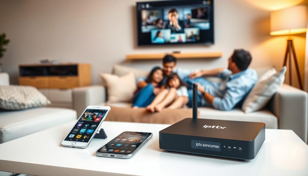 A cozy living room scene showcasing an IPTV device compatibility experience. In the foreground, a sleek IPTV box labeled "iptvservicemax.com" is prominently displayed on a modern coffee table. A pair of smartphones and a tablet are placed nearby, all showing various streaming apps. In the middle, a comfortable sofa is adorned with plush pillows, where a family is engaged in watching a large flat-screen TV mounted on the wall. They are dressed in casual but neat clothing, exuding a relaxed and enjoyable atmosphere. The background features warm lighting, with soft lamps creating an inviting glow. The setting is designed to evoke a sense of seamless viewing across multiple devices, highlighting the versatility and ease of using Great IPTV.