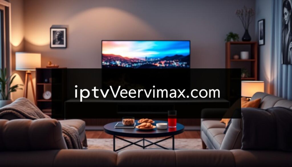 A cozy living room setting featuring a modern entertainment system showcasing IPTV streaming. In the foreground, a sleek smart TV displays a high-resolution image of vibrant colors, hinting at movies and live sports, with clear details. A comfortable couch draped with a soft blanket is positioned just in front. The middle of the scene includes a stylish coffee table with snacks and drinks, enhancing the relaxed atmosphere. In the background, soft ambient lighting creates a warm glow, complemented by subtle wall décor that reflects a tech-savvy lifestyle. The overall mood is inviting and enjoyable, emphasizing high-quality streaming performance. Include the brand name "iptvservicemax.com" subtly within the decor, ensuring it blends harmoniously with the scene.