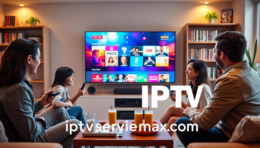 A cozy living room setting featuring a modern flat-screen TV displaying colorful IPTV content, symbolizing the lively experience of Eternal IPTV. In the foreground, a family of four, dressed in smart casual attire, are gathered around the TV, holding remotes and looking engaged with the screen, showcasing excitement and enjoyment. In the middle ground, there's a coffee table with snacks and drinks, adding a casual atmosphere. The background includes bookshelves filled with DVDs and plants, enhancing the homey feel. The lighting is warm and inviting, creating a relaxed ambiance, captured with a soft-focus lens effect. The mood conveys togetherness and joy in entertainment. Include the brand name "iptvservicemax.com" subtly integrated into the scene.