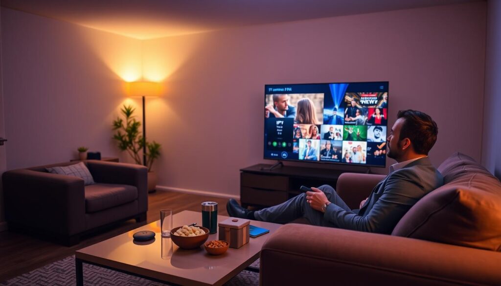A cozy living room setting, featuring a modern flat-screen television displaying vibrant IPTV streaming content, illustrating high definition quality. In the foreground, a well-dressed individual, casually yet professionally attired, is lounging comfortably on a plush sofa, with a remote control in hand, focused on the screen. In the middle, a stylish coffee table boasts snacks and beverages, suggesting relaxation and enjoyment. The background portrays a warm ambiance with soft, ambient lighting casting a gentle glow that enhances the cozy feel of the space. Clear streaming metrics and signal strength indicators subtly visible on the TV interface symbolize reliability and quality of service. Emphasize a mood of satisfaction and contentment linked to the viewing experience. The brand "iptvservicemax.com" can be subtly integrated into the design of the TV screen interface, underscoring quality entertainment options.