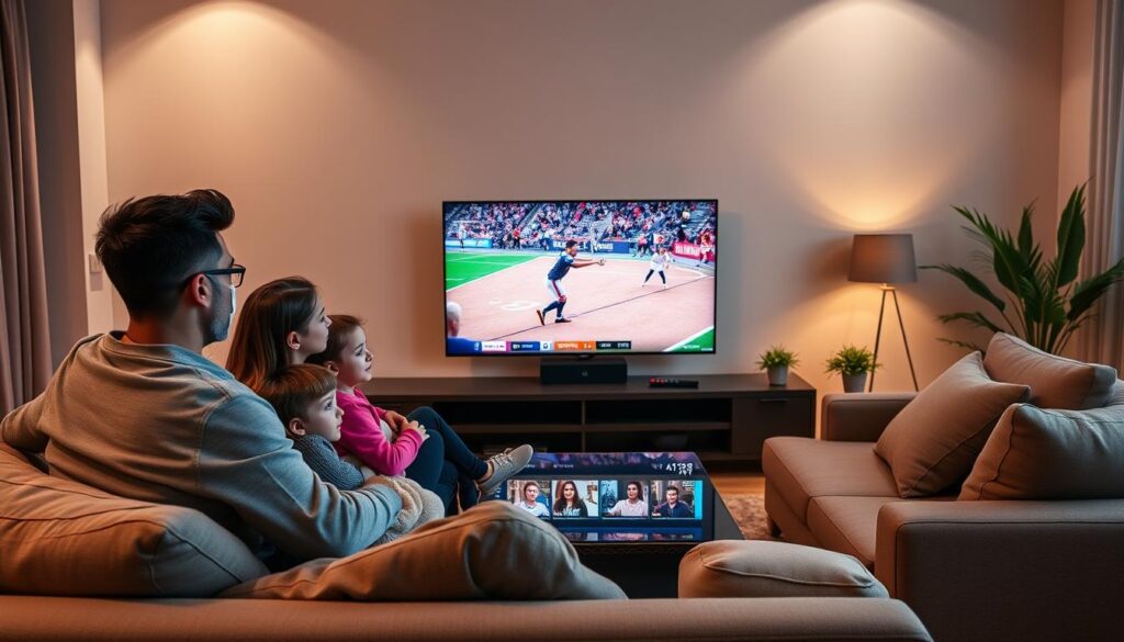 A cozy living room setting showcasing a family enjoying a 4K live IPTV streaming experience on a large, sleek television. In the foreground, a diverse family – a couple and their children – are seated comfortably on a stylish sofa, dressed in modern casual clothing. The middle ground features the vibrant 4K TV displaying a vivid sports game in stunning detail, while a remote control lies on a stylish coffee table next to them. The background includes soft ambient lighting, with a few decorative plants, enhancing the feeling of relaxation and enjoyment. Overall, the atmosphere conveys a sense of community and excitement, highlighting the benefits of using 4K live IPTV services from iptvservicemax.com.