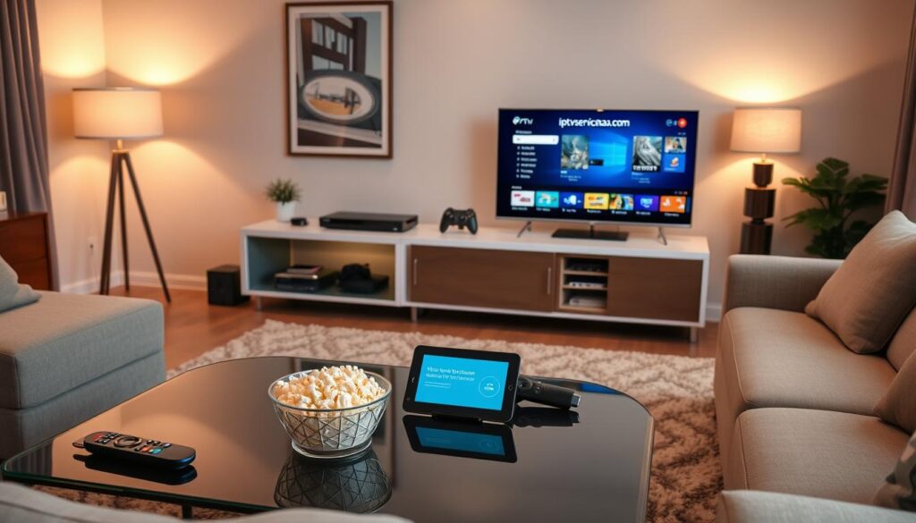 A cozy living room setting showcasing a streamlined media setup for streaming IPTV services. In the foreground, a sleek smart TV displays a vibrant interface of "iptvservicemax.com" featuring various streaming options. An elegant coffee table holds a remote control, a bowl of popcorn, and a tablet displaying the easy setup guide. In the middle, a modern entertainment unit is equipped with streaming devices like a Roku, Fire Stick, and gaming console, while a plush sofa invites relaxation. The background features soft ambient lighting from stylish lamps and wall art that enhances the homely atmosphere, creating a welcoming mood. The image is captured from a slightly elevated angle, emphasizing the convenience and accessibility of the IPTV setup, ideal for a family or couple enjoying their favorite shows.
