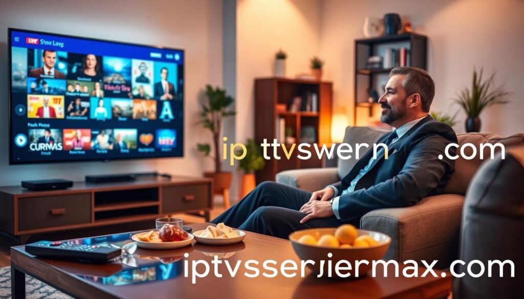 A cozy living room setting showcasing an IPTV streaming experience, focusing on a sleek smart TV displaying vibrant visuals of various streaming content. In the foreground, a modern coffee table is adorned with a remote control and snacks, suggesting a relaxed viewing atmosphere. The middle layer features a comfortable couch with a person in professional business attire, deeply engaged in the streaming experience, radiating satisfaction and enjoyment. In the background, warm ambient lighting casts a serene glow, while soft shadows create an inviting mood. Subtle decorative elements, such as potted plants and a bookshelf, enhance the homely vibe. Include the logo of "iptvservicemax.com" elegantly displayed somewhere in the scene, adding a touch of professionalism without overwhelming the image. A cozy living room setting showcasing an IPTV streaming experience, focusing on a sleek smart TV displaying vibrant visuals of various streaming content. In the foreground, a modern coffee table is adorned with a remote control and snacks, suggesting a relaxed viewing atmosphere. The middle layer features a comfortable couch with a person in professional business attire, deeply engaged in the streaming experience, radiating satisfaction and enjoyment. In the background, warm ambient lighting casts a serene glow, while soft shadows create an inviting mood. Subtle decorative elements, such as potted plants and a bookshelf, enhance the homely vibe. Include the logo of "iptvservicemax.com" elegantly displayed somewhere in the scene, adding a touch of professionalism without overwhelming the image.