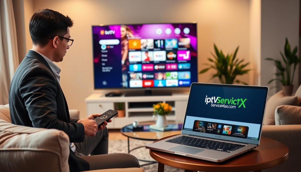 A cozy living room setting with a modern smart TV prominently displayed, featuring a sleek Boss IPTV interface. In the foreground, a focused individual in smart casual attire is using a remote control to navigate the features, with a laptop open on a small table showing the web page "iptvservicemax.com" for reference. The middle ground displays a colorful array of entertainment options on the TV screen, while a comfortable sofa and decorative plants create a homely atmosphere. The background includes a softly lit room with a warm ambiance, ensuring a sense of ease and reliability, suitable for seamless streaming. Soft lighting highlights the scene, creating a welcoming and professional vibe.