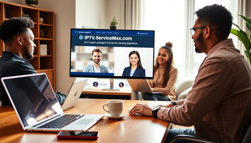 A cozy, modern home office scene featuring a diverse group of three professional individuals engaged in a video call, displaying a vibrant, interactive IPTV support chat interface on their laptops. In the foreground, a warm wooden desk adorned with a sleek laptop, a smartphone, and a mug of coffee, suggesting a productive work environment. The middle ground showcases a large computer monitor displaying the "iptvservicemax.com" customer support website, with friendly support agents portrayed in professional attire. The background features a well-lit room with soft, natural lighting streaming through a window, creating a welcoming atmosphere. The mood is collaborative and supportive, emphasizing King IPTV's commitment to 24/7 expert assistance for an enhanced viewing experience.