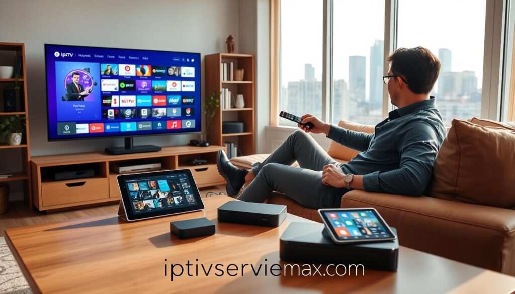 A cozy, modern living room filled with natural light, featuring a sleek TV displaying a vibrant IPTV interface. In the foreground, a professional person, casually dressed, sits comfortably on a stylish sofa, remote in hand, intently exploring various IPTV channels. A tablet and smartphone lie on a coffee table, showing the same IPTV content. The middle ground highlights a bookshelf filled with multimedia devices like streaming boxes and sound systems, symbolizing technology integration. In the background, large windows reveal a city skyline, hinting at a contemporary urban lifestyle. Bright, warm lighting enhances the inviting atmosphere. The scene conveys the excitement and value of maximizing IPTV services, showcasing the innovative brand "iptvservicemax.com". A cozy, modern living room filled with natural light, featuring a sleek TV displaying a vibrant IPTV interface. In the foreground, a professional person, casually dressed, sits comfortably on a stylish sofa, remote in hand, intently exploring various IPTV channels. A tablet and smartphone lie on a coffee table, showing the same IPTV content. The middle ground highlights a bookshelf filled with multimedia devices like streaming boxes and sound systems, symbolizing technology integration. In the background, large windows reveal a city skyline, hinting at a contemporary urban lifestyle. Bright, warm lighting enhances the inviting atmosphere. The scene conveys the excitement and value of maximizing IPTV services, showcasing the innovative brand "iptvservicemax.com".