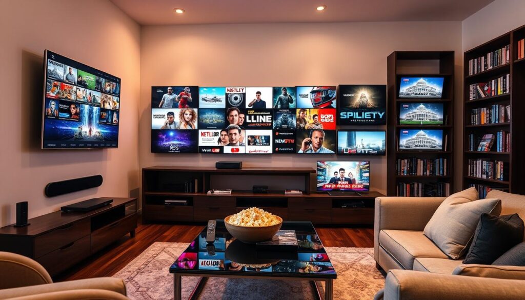 A cozy, modern living room scene showcasing a wide array of televisions displaying various channels from the extensive Lemo IPTV library. In the foreground, a sleek flat-screen TV is mounted on a bright wall, with vibrant images from diverse genres like sports, movies, news, and documentaries. In the middle, a stylish coffee table holds a remote control and a bowl of popcorn, suggesting a relaxed viewing experience. The background features bookshelves with DVDs and books, enhancing the cozy atmosphere. Soft, warm lighting bathes the room, creating an inviting mood. Capture the essence of reliable streaming from iptvservicemax.com, using a wide-angle lens to emphasize the richness of content and the comfortable setting.