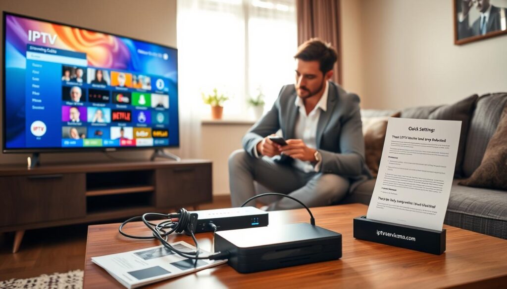 A detailed IPTV subscription setup guide scene, featuring a modern living room setup. In the foreground, a sleek TV displays a vibrant IPTV interface with colorful streaming options. On a stylish coffee table, there are an IPTV device, a remote control, and a quick-start guide. In the middle, a focused individual, dressed in smart casual attire, is connecting cables and adjusting settings on the device. In the background, a window lets in warm, natural light, casting a cozy glow over the room that enhances a welcoming atmosphere. The image showcases a sense of productivity and ease. Elements like the brand “iptvservicemax.com” appear subtly on the IPTV device, ensuring brand visibility without overwhelming the scene.