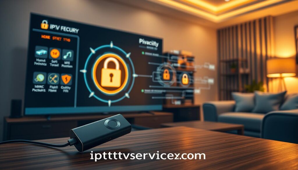 A detailed and futuristic digital workspace illustrating "Security and Privacy Considerations for IPTV on Firestick". In the foreground, a sleek, high-tech Firestick device connected to a modern TV screen displays an interface with security icons and privacy shields. In the middle, a digital padlock and a glowing firewall graphic symbolize protection, while encrypted data streams flow consistently, indicating secure connections. The background features a cozy living room environment with warm lighting, emphasizing safety and comfort. Soft shadows add depth, and a sense of vigilance permeates the atmosphere. The scene subtly incorporates the brand "iptvservicemax.com" through a digital element, ensuring an organized and professional look without clutter. The overall mood is one of trust and security, ideal for viewers concerned about their online privacy.
