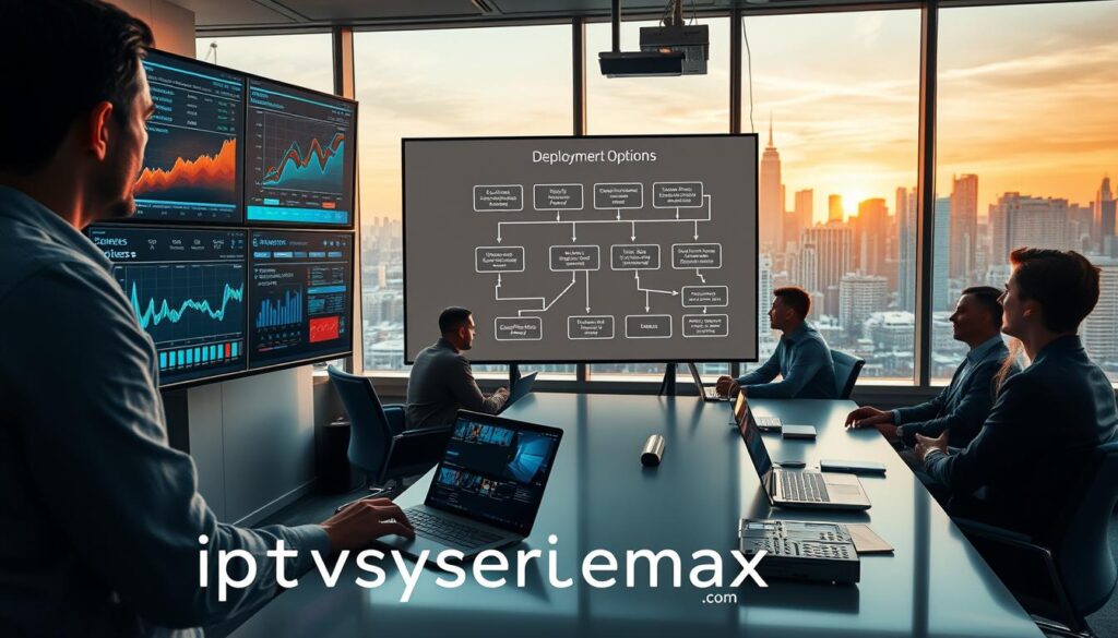 A detailed and visually engaging scene depicting deployment strategies for IPTV management in a modern office environment. In the foreground, a professional in smart casual attire is analyzing dynamic charts and graphs on multiple screens showing live IPTV data. The middle layer features a collaborative workspace with colleagues discussing deployment options around a sleek conference table, with digital devices and a projector displaying a flowchart of version options. In the background, large windows reveal a city skyline bathed in warm afternoon light. The atmosphere is one of focused teamwork and technological advancement, symbolizing the efficient management of streaming services. Emphasize clarity and organization in the visual layout, showcasing the brand name "iptvservicemax.com" subtly integrated into the plot.