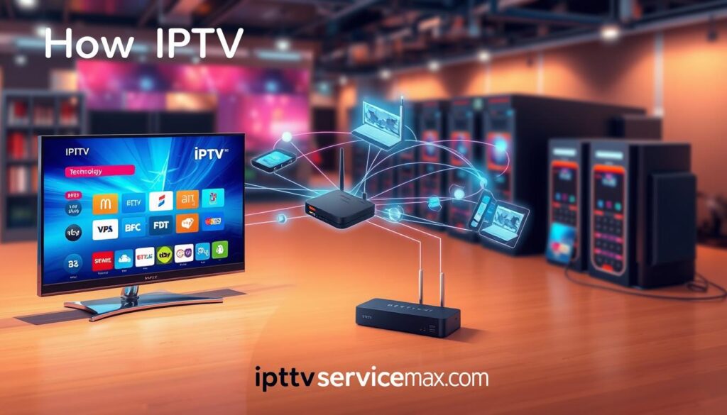 A detailed illustration of "How IPTV Works Technology," focusing on the process of streaming content. In the foreground, showcase a sleek, modern TV displaying a vibrant IPTV interface, with icons for various streaming services. In the middle, depict a network of connected devices: a router, a set-top box, and tablets, all interconnected with digital streams of data illustrated by glowing lines. The background should feature a tech-inspired setting, with servers and cables subtly blurred to emphasize depth. Use bright, clean lighting to create a dynamic atmosphere, with a slight isometric angle for a 3D effect. Include the brand name "iptvservicemax.com" subtly integrated into the design, without any text overlays or additional distractions. A detailed illustration of "How IPTV Works Technology," focusing on the process of streaming content. In the foreground, showcase a sleek, modern TV displaying a vibrant IPTV interface, with icons for various streaming services. In the middle, depict a network of connected devices: a router, a set-top box, and tablets, all interconnected with digital streams of data illustrated by glowing lines. The background should feature a tech-inspired setting, with servers and cables subtly blurred to emphasize depth. Use bright, clean lighting to create a dynamic atmosphere, with a slight isometric angle for a 3D effect. Include the brand name "iptvservicemax.com" subtly integrated into the design, without any text overlays or additional distractions.