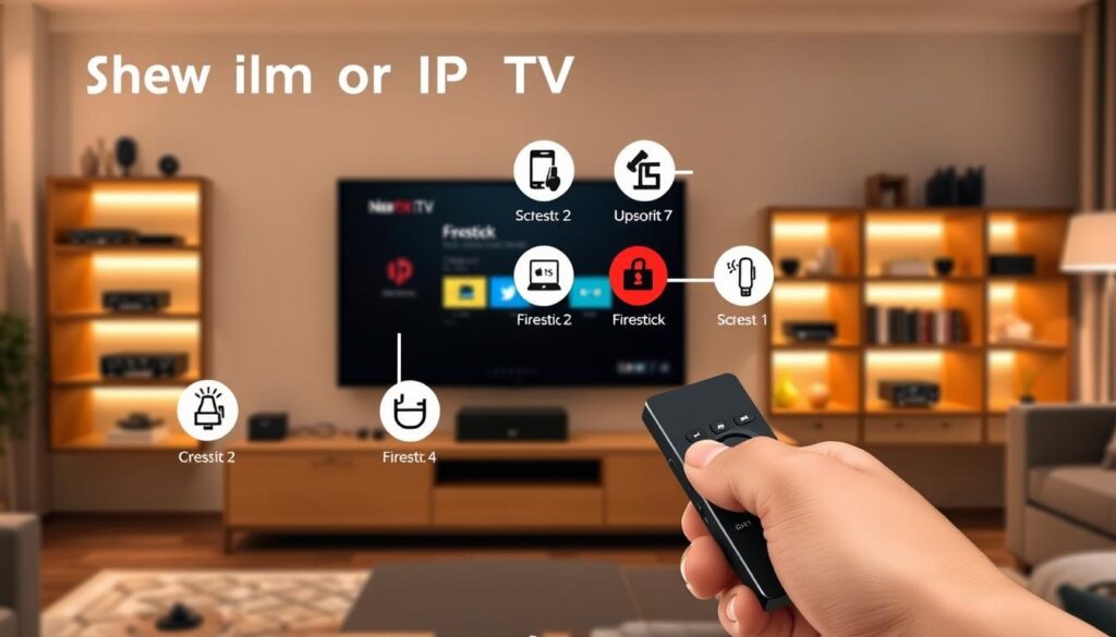 A detailed illustration of a step-by-step guide for setting up IPTV on a Firestick device. In the foreground, feature a sleek, modern living room with a TV displaying an IPTV interface and a Firestick plugged into it. In the middle, present a hand using a remote control with clear, relevant icons highlighted for various setup steps. In the background, softly illuminated shelves with tech gadgets and a cozy atmosphere, creating a sense of home. Use warm and inviting lighting to enhance the mood. The image should be captured from a slightly elevated angle, focusing on the TV and remote, providing a clear view of the setup process. Include the brand name "iptvservicemax.com" subtly integrated into the design without any text overlay.